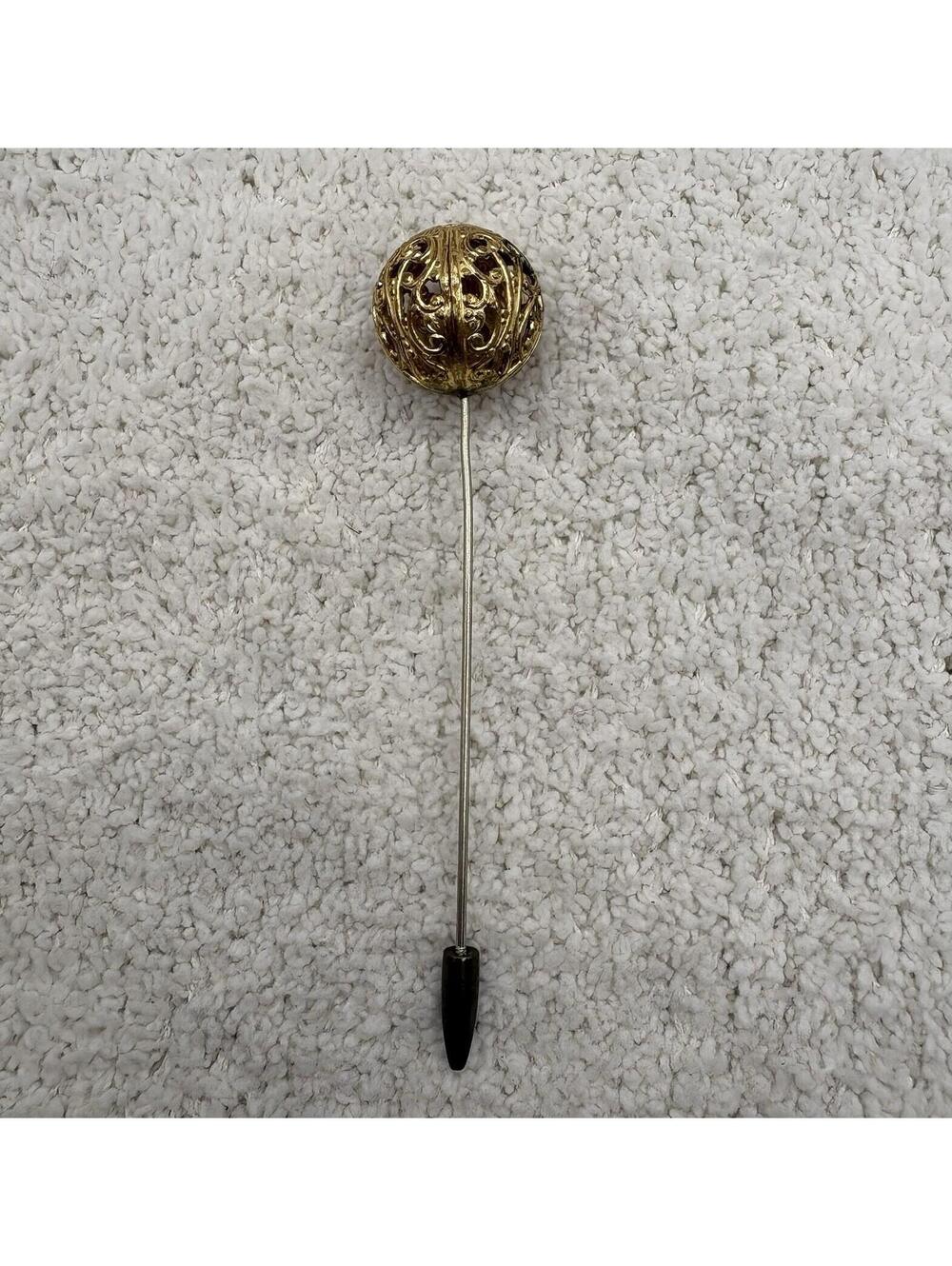 Vintage Gold Tone Filigree Ball Stick Pin Ornate Openwork Sphere